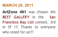 MARCH 28, 2011
ArtZone 461 was chosen 4th BEST GALLERY in the  San Francisco Bay List contest. 3rd in SF !!! Thanks to everyone who voted for us!!!